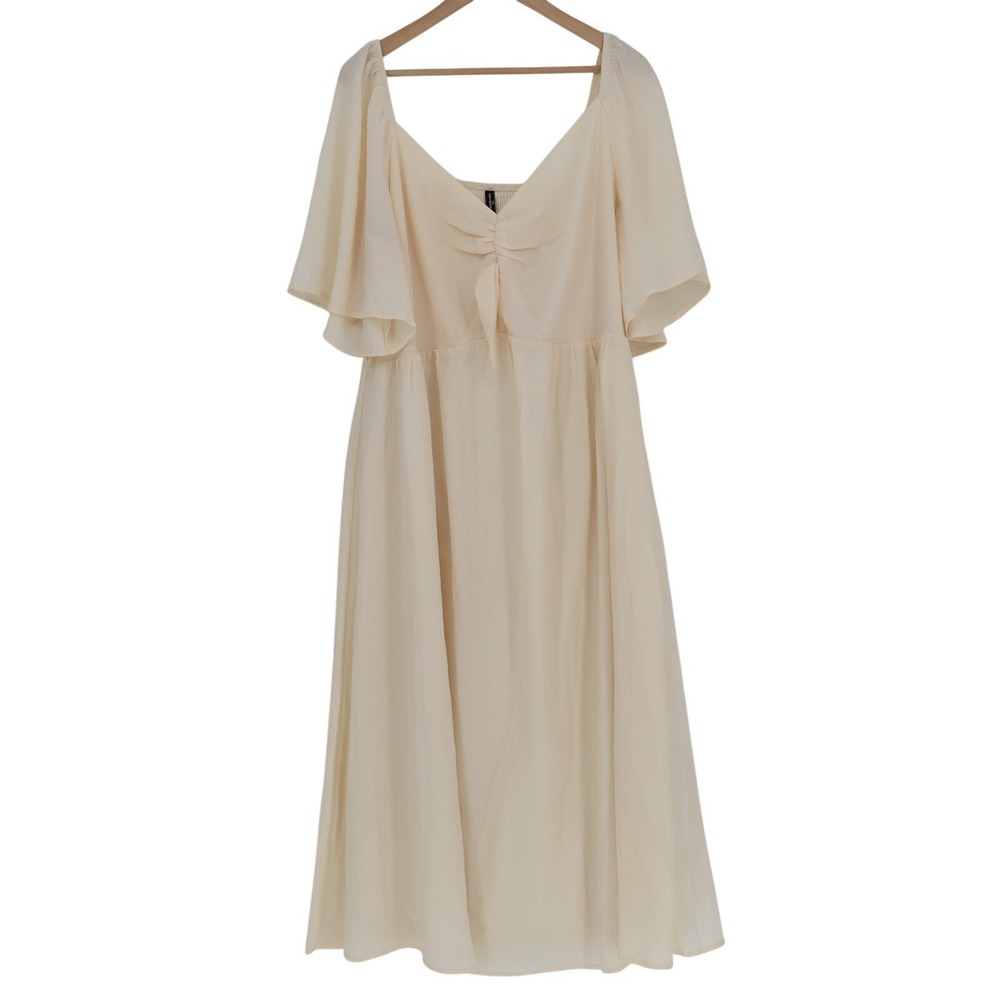PrettyGarden Midi Dress Women 2XL Beige Ruched Smocked Back Ruffle Short Sleeve - Picture 2 of 5